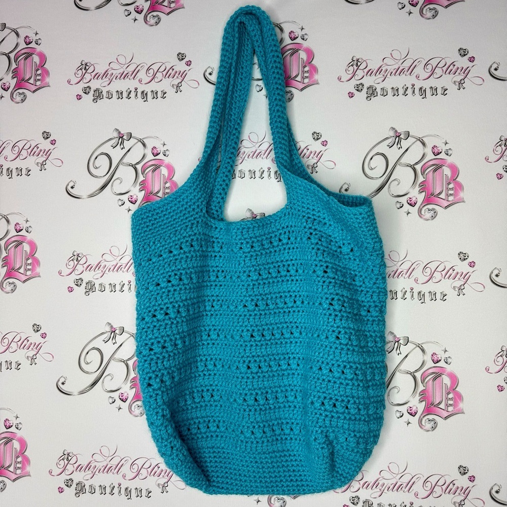 Bag Crochet knit knitted blue turquoise tote bag cute beach boho summer beachy